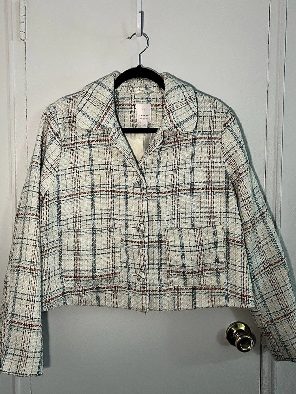 LC Lauren Conrad Plaid Tweed Cropped Blazer Jacket Large
